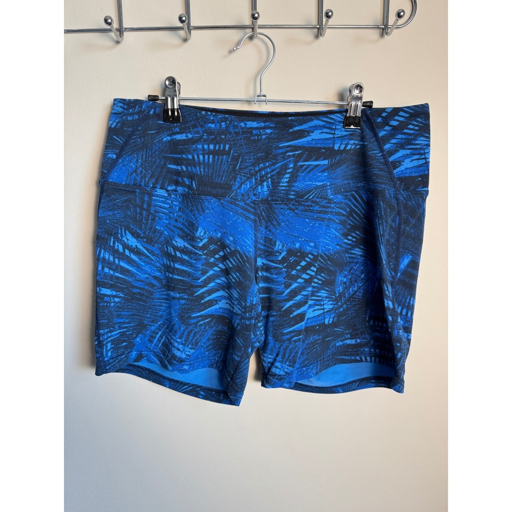 Tuff Athletics Blue Palm Print Athletic Biker Shorts Women Size L Tropical Yoga